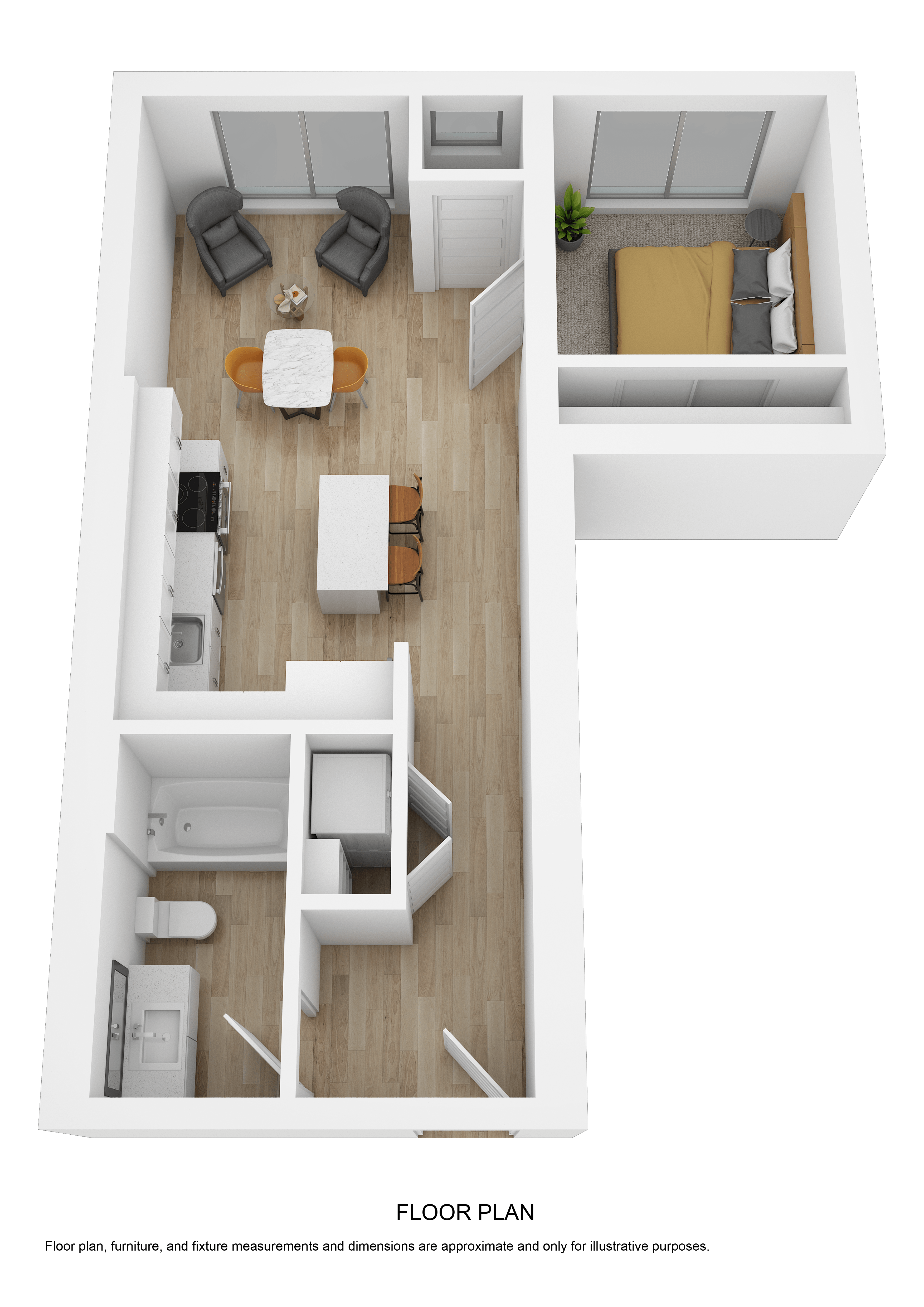 Floor plan for 1 bed, 1 bath, 563 sqft